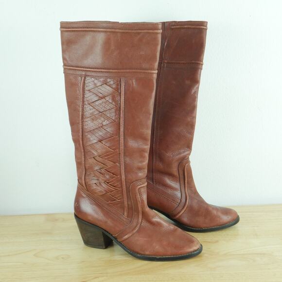 Fossil 9.5 Boots Tall Riding Equestrian Western Boho Heeled Brown Woven Leather - Picture 1 of 16
